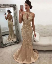 Gold Sequins Mermaid Prom Dresses Elegant Sleeveless Sexy Halter Backless Evening Gowns Women Formal Dress Vestidos De Gala 240424