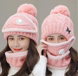 Winter Cycling Hat Women 3 piece Warm Wool Beanies Skullies Hats With Mask Collar Bib Female Velvet Thick Antismog Knit Caps9211552