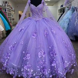 드레스 Quinceanera Glitter Purple Light Spaghetti Straps with Wrap Sweet 15 가운 3D 꽃 아플리케 구슬 무도회 파티 멍청이 바닥 길이