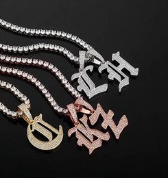 Iced AZ Ancient Old Style Writing Letters Pendant Necklace Custom Combination Letter Name Chain with 24inch Rope Necklaces Zircon6914369