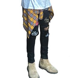 Street Fashion Mens Ripped Jeans Leopard Print Cashew Flower Patchwork Trousers Trendy Pencil Pants 240422