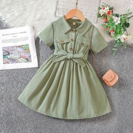 Girl Dresses Kid Casual Summer Shirt Dress For Girls 2024 Toddler Short Sleeve Front Button Princess Fashion Children Clothing 1-8Y