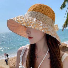 Berets 2024 Summer Women Fisherman Hat Sweet Girls Mesh Floral Pattern Lace Bow Bucket Cap Foldable Beach Sun Shading Straw Hats