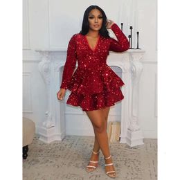 Red Homecoming Mini Short Sequined Dresses A-Line Tiered Glitter Prom Party Gowns V-Neck Long Sleeves Tail Special Ocn Wear