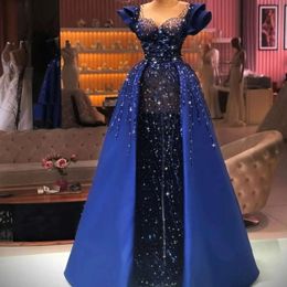 Blue Evening See Sequined Royal Through Dresses With Overskrtis Party Gowns Cap Sleeves Lace Appliques Women Formal Floor Length Robe De Soriee