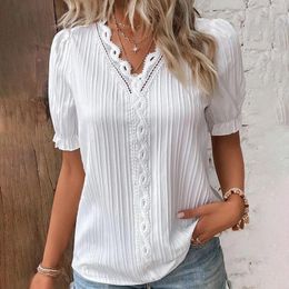 Women's Blouses Elegant Summer Lace Blouse Shirt Short Sleeve Women Top Casual Striped Solid Colour V-Neck Female