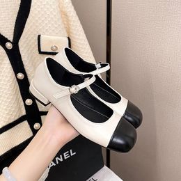 Dress Shoes Spring Autumn Britain Style Woman Pumps French Square Toe Colour Block Mary Janes One Word Rhinestone Buckle Moccasins