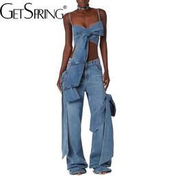 GetSpring Women Denim Pants Sets 2024 Vintage 3D Bow Strapless Backless Sexy Crop Tops Straight Wide Leg Jeans Two Pieces Sets 240422