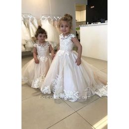 Girl Adorable Flower Lace Tulle Dresses Princess A Line Jewel Neck Appliques Long Toddler Kids Party Ocn Formal Gowns With Covered Button Back Bc6033 ppliques