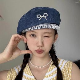 Ball Caps Denim Pearl Bow Kont Beret Cap Korean Vintage Y2k Lace Hat Summer Designer Female Thin Beach Travel Sunscreen Painter