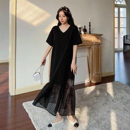 Casual Dresses 2024 Summer Korean Loose Large Size Panel Black Chequered Fishtail Skirt Short Sleeve Dress