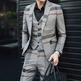 Men's Suits Blazers Coat Vest Pants 2023 Mens Fashion Boutique Stripes Wedding Suit Three Pieces Set Male Business Casual Blazers Jacket Trousers T240428