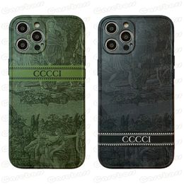 Retro Green Letter Mobile Phone Case for iPhone 15 14 13 12 11 Pro Max Ultra Thin Shockproof Matte IMD Soft TPU Luxury Print Cover Camera Protection Designer