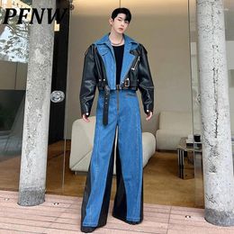 Men's Tracksuits PFNW Denim Patchwork Leather Jackets Two Piece Sets Korean Fashion Spliced Wide Leg Jeans 2024 Autumn Stylish 9C2562