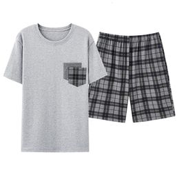 Men Pajamas Short Sleeve Shorts Cotton Plaid Oneck Sleepwear Summer Home Clothes Big Yards L4XL Young Male Homewear Set 240428