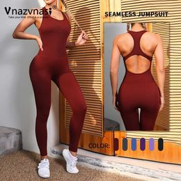 Women's Tracksuits Vnazvnasi Seamless Hollow Back Jumpsuit Sports Kit for Fitness Push Up Tights Sportswear Woman Gym Bodysuit Workout Clothes Y240426