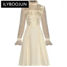 Casual Dresses ILYBOOJUN Fashion Designer Women Dress Standing Collar Long Sleeved Mesh Crystal Beading Sequin Slim Elegant