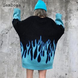 Men's Sweaters Samlona Men Knitting Sweater Male Streetwear 2024 Gothic Style Fashion Fire Printed Top Knitted Pullovers Winter Warm