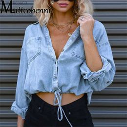 Women's Blouses Shirts Spring and Autumn Leisure Thin Open Front Denim Shirt Womens Leisure Loose Shirt Womens Spliced Pocket Lace TopL24029