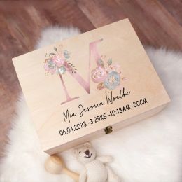 Box Personalised Baby Gift Keepsake Box Custom Memory Box Flower Letter Print Wooden Box Newborn Shower Gift Baby Birth Stats Box