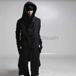 Men's Hoodies Sweatshirts Winter men linen rope button hip hop long hoodie gothic hooded cloak nightclub DJ singer punk rock stage come fleece hoodies d240429