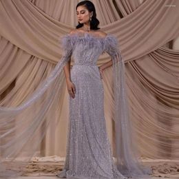 Party Dresses Elegant Mermaid Evening Dress With Feathers 2024 Cape Sleeves Sexy Women Formal Wear Gown