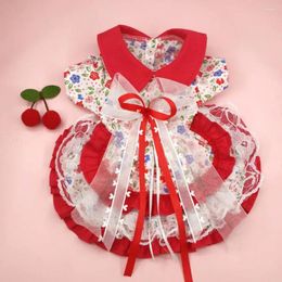 Dog Apparel Cat Princess Skirt Lace Stitching Bowknot Floral Print Two-legged Pet Lolita With Cherry Hair Clip Supplies