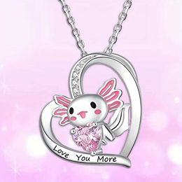 Pendant Necklaces Cute Fashion Salamander Heart Shape Pendant Necklace Set with Delicate Rhinestones Womens Necklace Perfect Gift for Girls Y240420