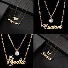 Pendant Necklaces Acheerup Personalized Double layered Womens Stainless Steel Necklace Customized Name Zircon Butterfly Heart Pearl NecklaceWX