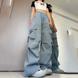 Women's Pants Capris Womens Y2K cargo pants high waisted underwear hip-hop mens womens large pockets casual low waisted drawstring pockets sports pants Y240429