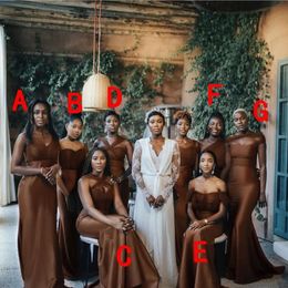인어 신부 들러리 얇은 명주 그물 2021 탄성 드레스 갈색 새틴 바닥 길이 1 어깨 아프리카의 아프리카 크기의 하녀 명예 가운 컨트리 웨딩 파티웨어 멍청이
