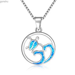 Pendant Necklaces New Fashion Round Ocean Blue Opal Turtle and Wave Pendant Necklace Used for Gift Summer JewelryWX