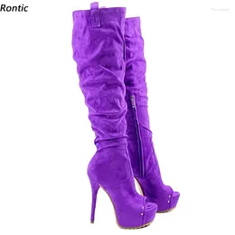 Boots Rontic Stylish Women Spring Knee Faux Suede Unisex Sexy Stiletto Heels Peep Toe Gorgeous Purple Party Shoes Size 35-52