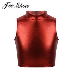 Stage Wear Kids Girls Shiny Gymnastics Leotard Tank For Dance Ballet Crop Top Sports Bra Turtleneck Tops Ballerina Costume Outfit