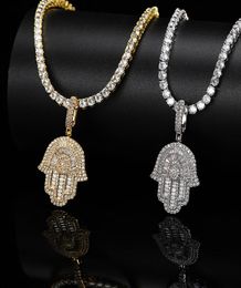 Hip Hop Hand of Fatima Hamsa Pendant Necklace Bling Top Quality Copper Shining Cubic Zircon For Men Women Gifts Platinum Plated Ne9309482