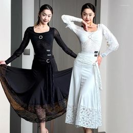 Stage Wear 2024 Modern Ballroom Dance Dress WOmen White Black Lace Long Sleeves Tops Skirt Adult Performnace Competition Clothing BL12524