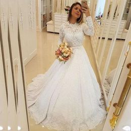 Juwelenkleider lang 2021 Ärmeln Spitze Ball überzogene Hals bedeckte Knöpfe Rücken Plus Größe Hochzeitskleid Vestido de Novia