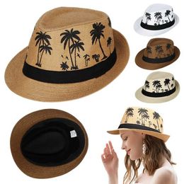 Wide Brim Hats Bucket Hats 2023 New Year Summer Beach C Coconut Tree Pattern Mens Top Hat Fedora C Jazz Hat Casual Fashion Sun Hat J240429