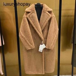 Maxmaras Teddy Bear Coat Womens Cashmere Coats Wool Winter Home Fur Silhouette New Camel Fleece Mid Length Lamb for Wome O65n OMTL