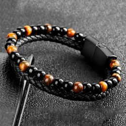 Link Bracelets Men Women Black Volcanic Rock Beaded Bracelet Natural Stone Hematite Cowhide Rope Heat Therapy