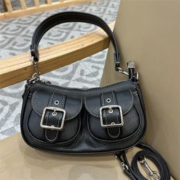 Baguette 25 top zipper opening and closing letter logo denim leather smooth leather detachable shoulder strap Handbill shoulder bag medium female black