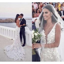 Applique Sexy Backless Lace Dresses Mermaid Beaded Sweep Train Custom Made Plunging V Neck Wedding Gown Vestido De Novia estido