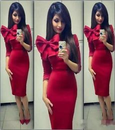 2018 New Arrival Elegant Cocktail Dresses with Sleeves Jewel Neck Sheath Knee Length Red Satin Christmas Party Dresses with Big Bo8793105