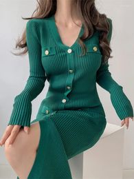 Casual Dresses For Women 2024 Sweater Royal Sister Feeling V-Neck Slim Fitting Hip Wrap Skirt Long Sexy Knitwear One Piece Dress