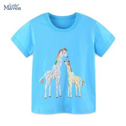 T-shirts Little Maven 2024 Summer Blue Fashion Top New Cute Childrens Clothing Toddler Boys T-shirt Cartoon Giraffe T-shirt Childrens ClothingL2404