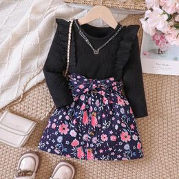 Clothing Sets Kids Casual Outfits For Girls 2024 Autumn Winter Toddler Long Sleeve Tops Floral Print Skirts Fashion Children