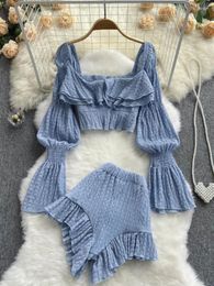 Women's Tracksuits SsTss Women Fashion Summer Two Piece Set 2024 Square Collar Long Sleeve Ruffles Crop Top And Elastic Waist Short Pants