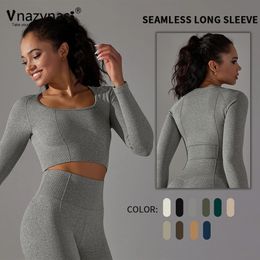 Vnazvnasi Seamless Woman Yoga Top With Long Sleeve Short Sports Shirts for Fitness Sportswear Gym Highly Elastic Workout Clothes 240425