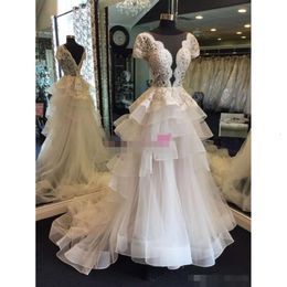 Sukienki Surowe Sukienki A-Linia Spódnica 2020 Krótka organza Sheer Szyja Pluning V Lace Applique Made Made Wedding Suknia Vestido de novia estido