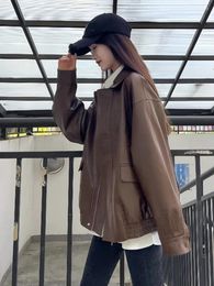 Women's Jackets Brown Leather Coat Short Jacket 2024 Autumn Hong Kong Style PU Loose Retro Motorcycle Female Clothing